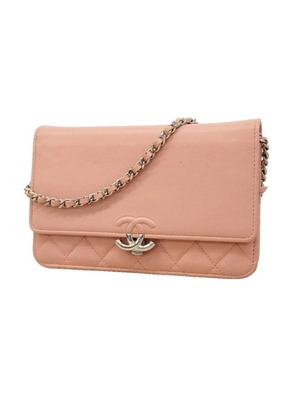 Chanel Shoulder Wallet Quilted Leather Pink Silver